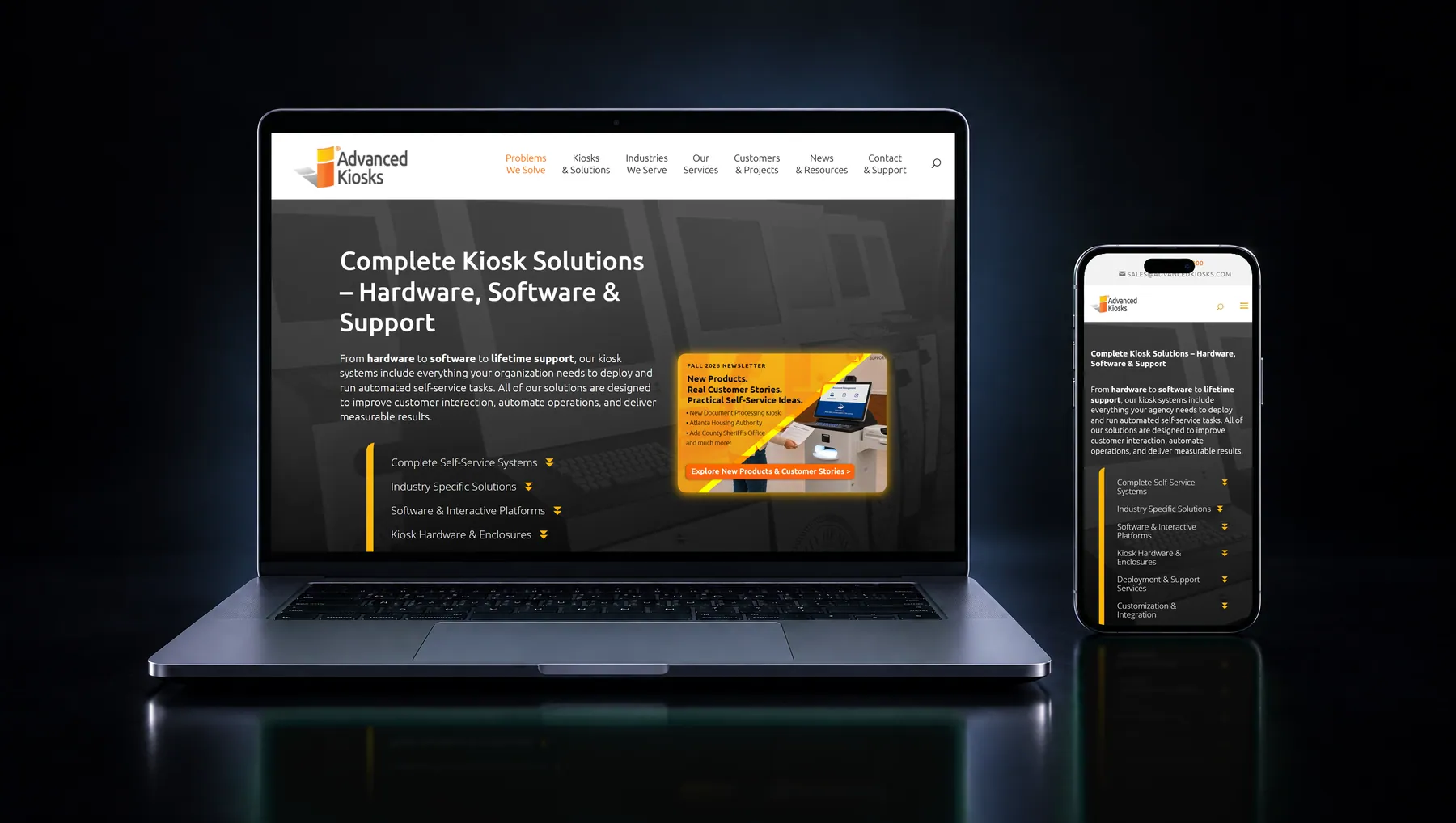 Advanced Kiosks website on laptop and phone